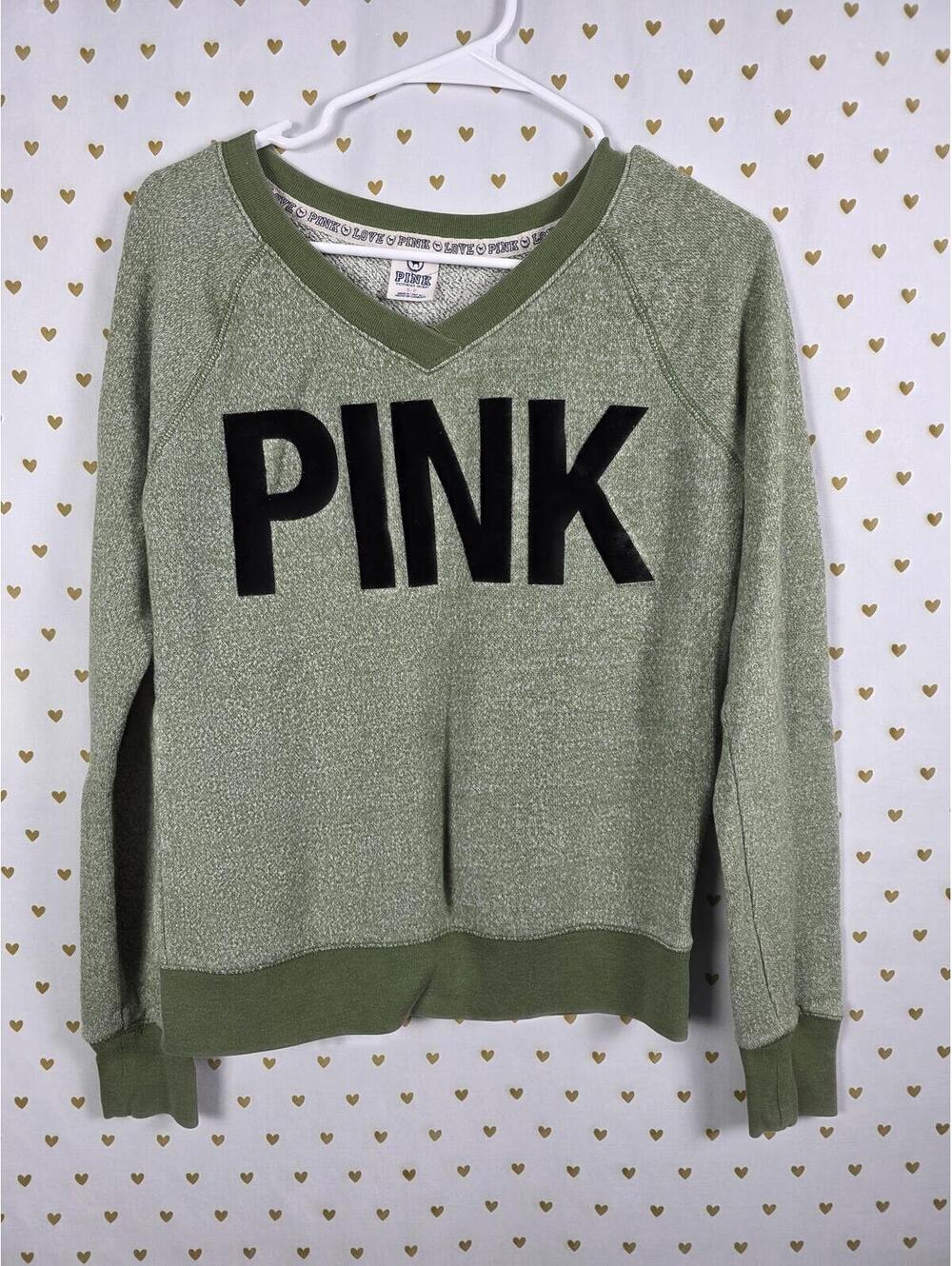 Victorias Secret Pink Vintage Sage Green Velvet Logo Y2k Sweater Shirt Small